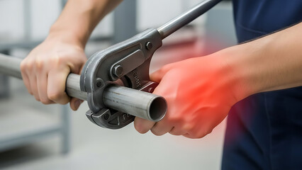 Worker experiencing wrist pain while cutting metal pipe with a tool, highlighting occupational injury risk and strain.
