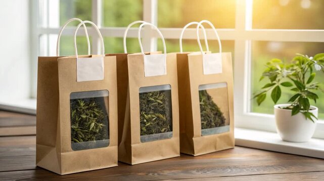 Eco-Friendly Brown Paper Bags with Herbs and Plants on Wooden Table by Window ...