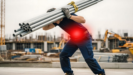 Construction worker with back pain from heavy lifting pipes on site; occupational injury risk highlighted