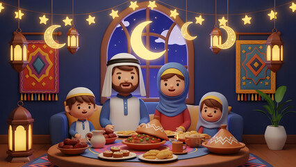 A happy boy and his family celebrate a birthday with candles and a dog in this cartoon illustration of a festive Christmas holiday home