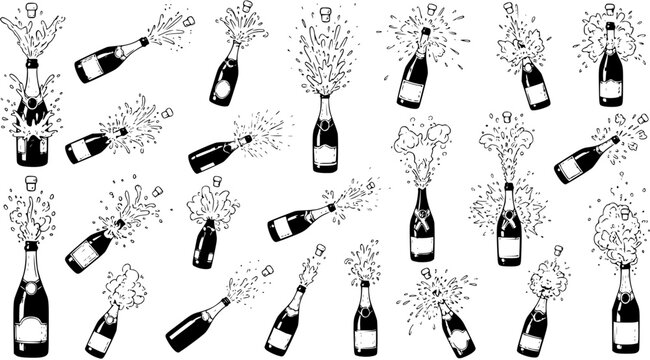 Hand-drawn black and white pattern of champagne bottles popping with corks flying and liquid splashing, perfect for celebration and party designs.