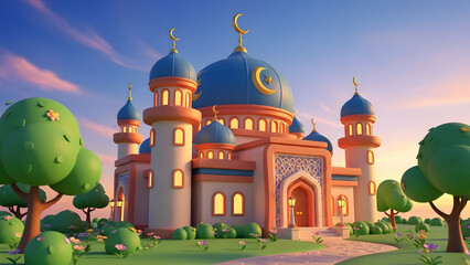 Beautiful Mosque with Blue Dome and Minarets Amidst Lush Greenery Under a Sunset Sky