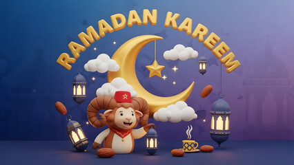 Ramadan Kareem Greeting Card with Crescent Moon, Lanterns, and a Ram Character