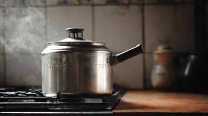 An old stainless steel coffee pot and kettle sit on a kitchen stove, releasing hot steam as water reaches boiling heat for a morning drink in a home interior