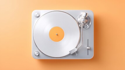 Modern turntable with a white vinyl record and orange center, set against a vibrant orange background, showcasing retro music culture and design