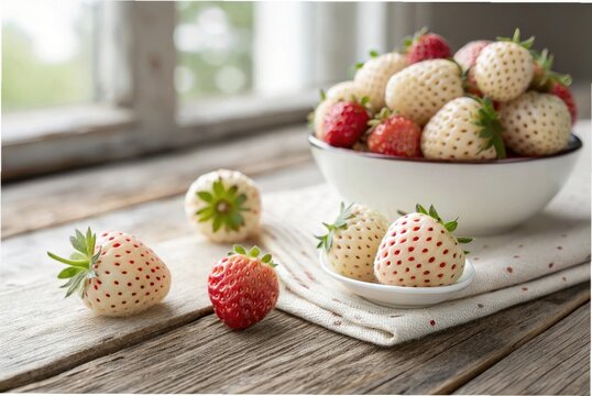 Macro food photography of fresh pineberries on a rustic wooden table