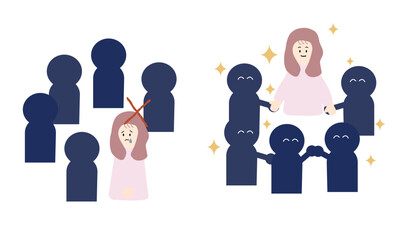 社会的に孤独な女性と世界と調和する女性のイラスト