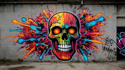 skull graffiti with neon paint bursts,