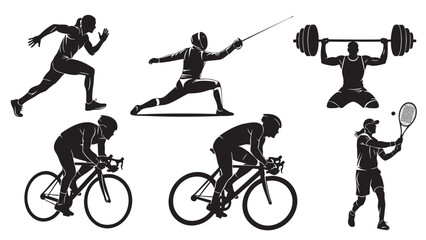 Obraz premium Dynamic black silhouettes of various athletes showcasing different sports activities including running fencing weightlifting cycling and tennis