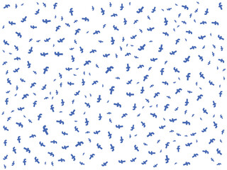 A pattern of numerous small blue stylized bird shapes scattered randomly on a white background.