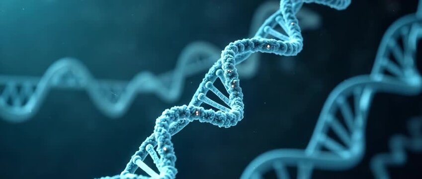 Intricate DNA strands gently rotate as the camera smoothly pans in a cinematic, high-tech laboratory setting, with ambient lights flickering softly, highlighting genetic innovation.