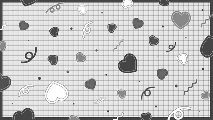 Cute Retro Pop Grid Wallpaper with Hearts and Lines Monotone