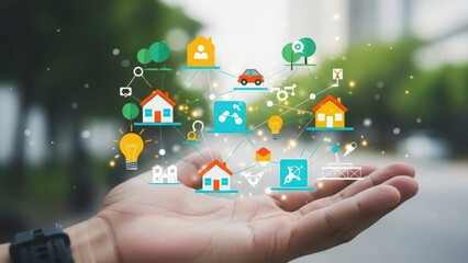 Smart home and city technology concept with hand holding icons