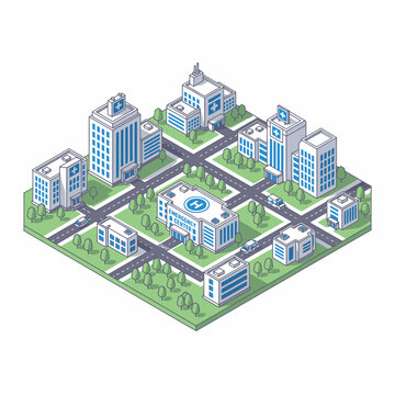 Isometric Hospital City Map with Modern Buildings, Roads, and Green Spaces, Healthcare Infrastructure Illustration