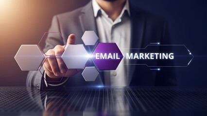 Businessman interacting with digital email marketing interface on futuristic screen
