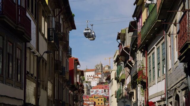 Funicular dos Guindais - Scenic Cable Railway In The Historic Ribeira District In Porto, Portugal. Low Angle Shot