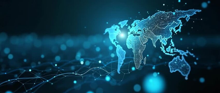 Glowing digital world map with data lines animates gently, while camera pans slowly across a futuristic blue network grid, creating a cinematic and technologically advanced atmosphere.