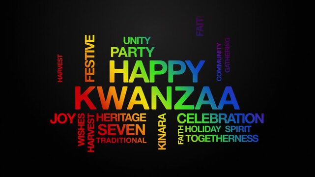Happy kwanzaa concept Animated Tag Word Cloud kinetic typography, Text Design Animation typography seamless loop video motion graphics Intro Wordart tag cloud reveal text rainbow type on black bg