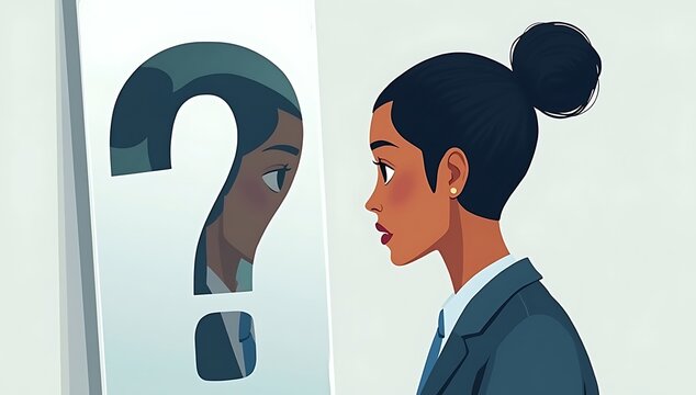 Editorial illustration of a professional person seeing a distorted reflection of themselves in a mirror shaped like a question mark, impostor syndrome and self doubt concept, modern flat style