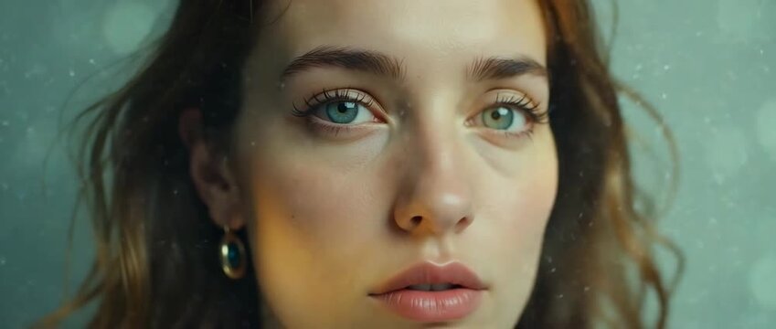 A serene close-up portrait with gentle ambient light flickering softly, capturing a woman's contemplative gaze; the camera slowly pans in a cinematic style, revealing subtle emotional depth.