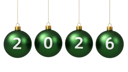 Four green christmas ornaments isolated on transparent background with white numbers