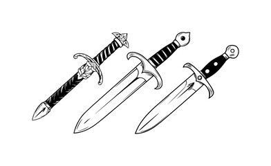 Three Hand-Drawn Swords and Daggers in Black and White Illustration