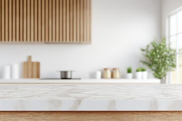 Empty marble countertop in a modern residential kitchen interior, ideal for product display or composite imagery