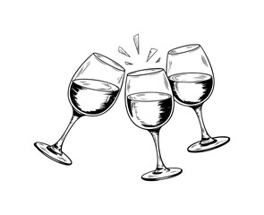 Three wine glasses clinking in a toast, hand-drawn sketch © Khalek