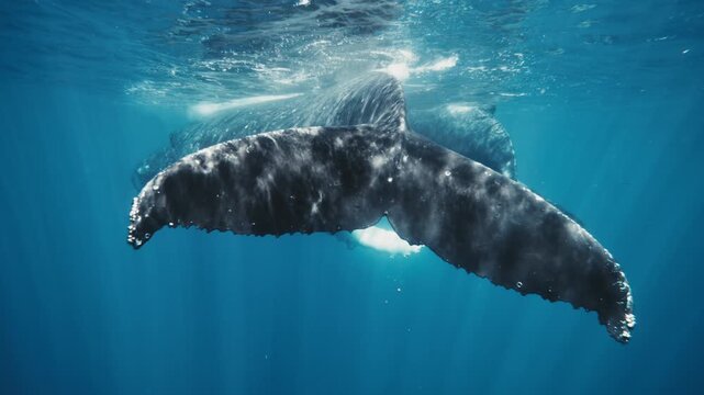Single humpback whale glides sideways, sweeping its long pectoral fin through clear blue water