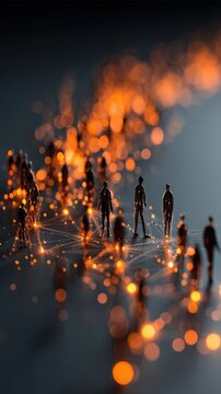 Miniature figures navigate a dynamic network of interconnected lights, representing the complexities of modern technological advancement. ..Created with Generative AI, not depicting real subjects.
