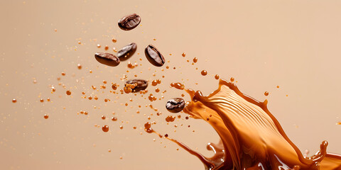 Coffee beans are captured mid-air, alongside a dynamic splash of rich brown liquid, creating an evocative and visually appealing arrangement against a neutral background with a sense of freshness.