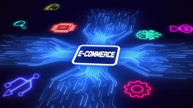 Digital illustration of e-commerce logo on a glowing blue motherboard, representing online business growth, global marketplace, and modern digital marketing technology.