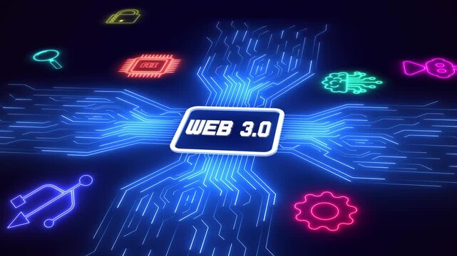 Conceptual design of web 3.0 network with glowing circuit lines and tech icons, showing modern digital infrastructure, global connectivity, and advanced web ecosystem.
