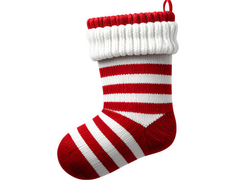 Red Christmas stocking isolated on white background with festive holiday decoration style