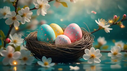 Colorful Easter nest with pastel eggs among spring blossoms creating joyful seasonal mood holiday visual