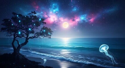 Fantasy beach landscape with glowing tree and ethereal jellyfish against starry night