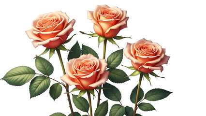 Four beautiful peach roses isolated on transparent background