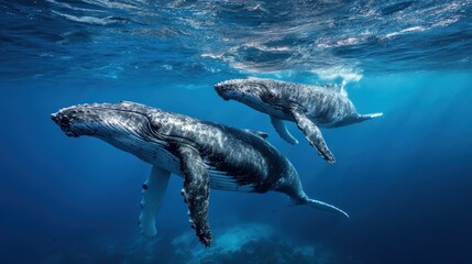 Fototapeta premium Two humpback whales swim gracefully underwater, showcasing their majestic forms against a vibrant blue ocean backdrop.