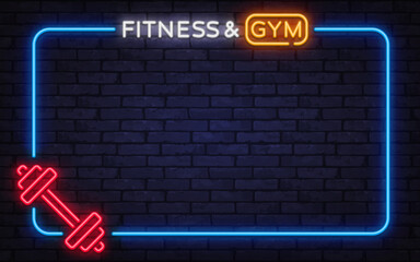 Bold neon vector frame with fitness and gym sign plus dumbbell icon. Perfect for workout promotions, sports posters, and modern health club branding.