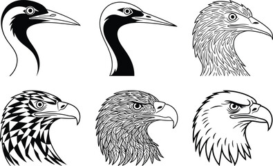 Naklejka premium Five Different Bird Heads in Black and White Line black and white