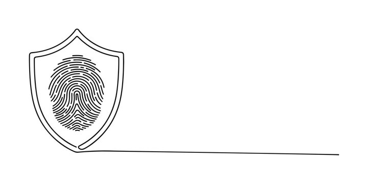 Continuous one line of a fingerprint inside a shield, representing biometric security service, hand drawn vector illustration.