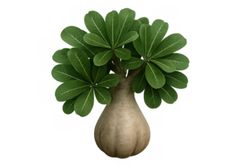 Desert rose succulent plant adenium obesum with thick caudex and green leaves isolated on transparent background