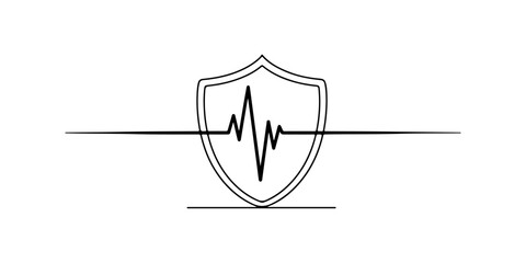 Continuous one line of a shield with heartbeat line, representing real-time security monitoring service, hand drawn vector illustration.