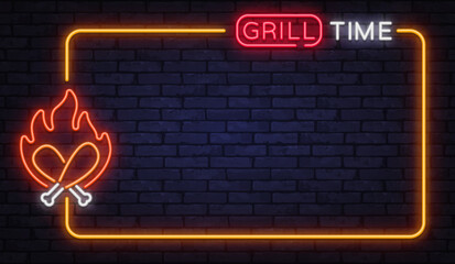 Hot neon vector frame with grill time sign and flaming meat icon. Ideal for barbecue ads, summer events, and outdoor cooking promotions.
