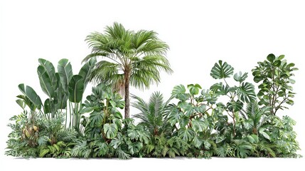 Obraz premium A lush arrangement of various tropical plants, featuring large leaves and diverse foliage, creating a vibrant green display.