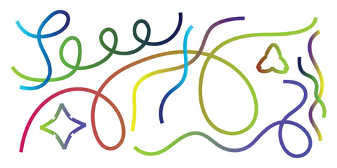 Colorful scribbles with star and heart shapes on white background