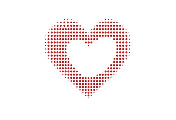 Vibrant red heart graphic composed of halftone dots on white, creating a retro pop art effect, symbolizing love, care, and emotion,  simple,  concept