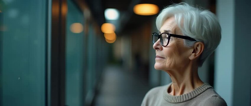 Elderly woman gazes thoughtfully out window, soft ambient lights flicker in modern hallway; slow pan captures serene, contemplative mood in cinematic style, perfect for lifestyle and wellness themes.