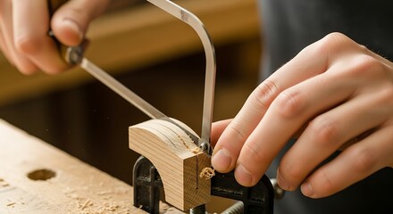 Detailed shot of a craftsman using a coping saw on wood secured in a clamp for intricate woodworking precision