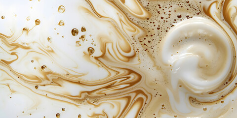 Detailed  showcases swirling patterns and textures of a creamy white and brown liquid, featuring foamy elements and droplets.